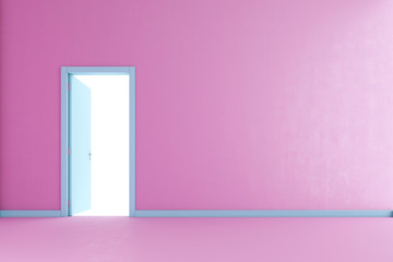 open blue door on the pink wall