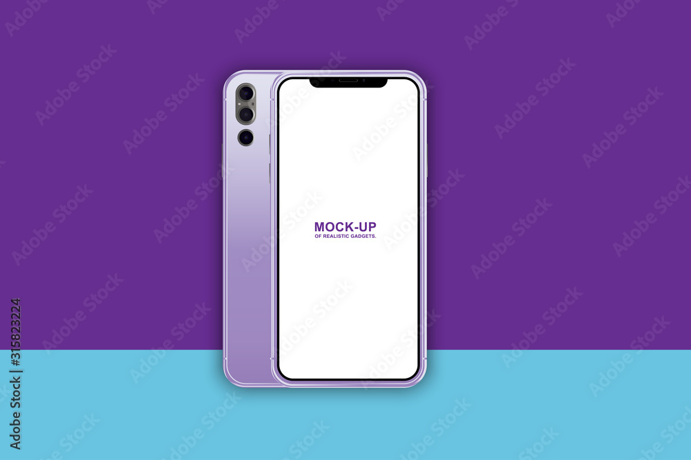 Poster set mock-up of realistic smartphones. two modern telephones. front side with screen and back side wi