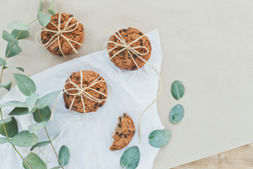 tasty chocolate chip cookies for a gift, top view.