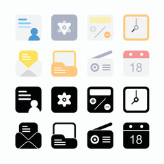 Large collection of 16 pc. Wab icon. contacts, calculator, settings, hours, messages, storage, radio, calendar, file manager. Vector illustration of EPS10