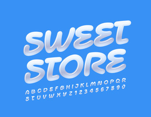 Vector stylish Emblem Sweet Store. Glossy Kids Font. White Alphabet Letters and Numbers