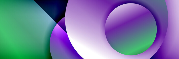 Dynamic trendy geometrical abstract background. Circles, round shapes 3d shadow effects and fluid gradients. Modern overlapping round forms