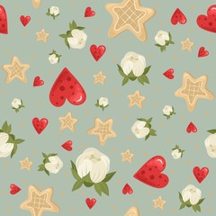 Seamless pattern with hand drawn flowers. March 8. Vector illustration. Printing on fabric, paper, cards, invitations.