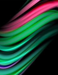 Silk smooth lines on black, liquid fluid color waves. Vector Illustration