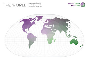 Polygonal map of the world. Loximuthal projection of the world. Purple Green colored polygons. Beautiful vector illustration.