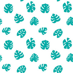 Seamless pattern with green monstera leaves. Exotic plant silhouettes on white background. Flat vector illustration.