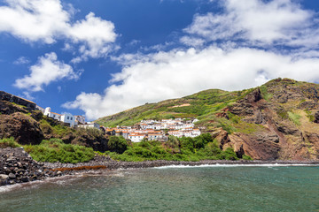 Summer sun shines on Vila do Corvo in the Azores, Portugal.
