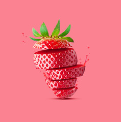 Creative concept with flying Strawberry. Sliced orange pink background. Levity fruit floating in the air