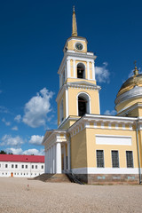 Belfry of the Epiphany Cathedral. Nilo-Stolobenskaya Pustyn. Is situated on Stolobny Island in Lake Seliger. Tver region, Russia