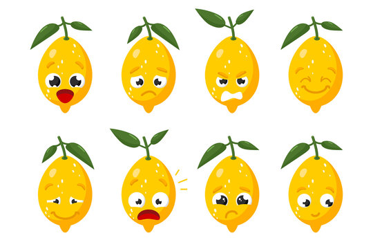 Limon fruit. Cute vector character set in various action emotions. Collection fruit isolated on a white background