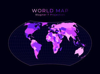 World Map. Wagner VII projection. Digital world illustration. Bright pink neon colors on dark background. Elegant vector illustration.
