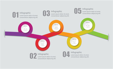 Infographic with circle and 5 options or step for for workflow layout, diagram, number options, step up options, web design and presentations