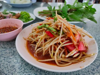 Famous Thai food, papaya salad or what we called "Somtum" in Thai, Side view
