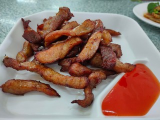 Food deep fried dried pork. Local appetizer food in Thailand for breakfast or lunch.
