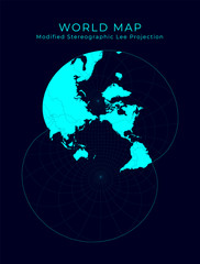 Map of The World. Modified stereographic projection for the Pacific ocean. Futuristic Infographic world illustration. Bright cyan colors on dark background. Astonishing vector illustration.