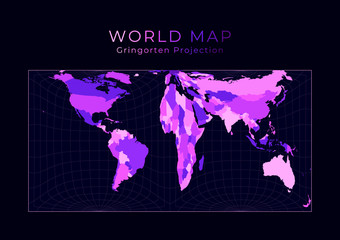World Map. Gringorten square equal-area projection. Digital world illustration. Bright pink neon colors on dark background. Trendy vector illustration.