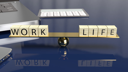 The wood cube work and life on plate balance 3d rendering for abstract content.