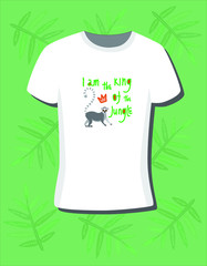 Lemur print design on t shirt illustration with tropic leaves on colored background. Stock vector hand drawn illustration. Isolated white t shirt with modern design lemur king print illustration.