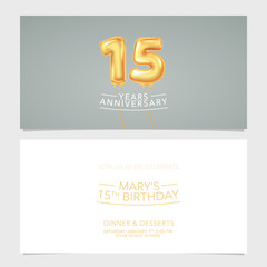 15 years anniversary invitation card vector illustration. Double sided graphic design template