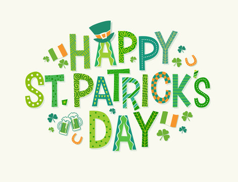 Happy St. Patrick's Day in decorative cartoon doodle font with Shamrocks, leprechaun hat, Irish flags and green beer.  Vector design for banners, greeting cards, invitations.