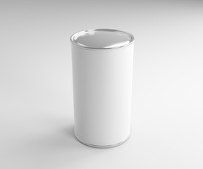 Round tin packaging or container for tea, coffee, dry products on white background. 3D