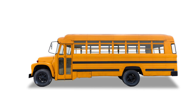 Yellow school bus isolated on white background with clupping path.