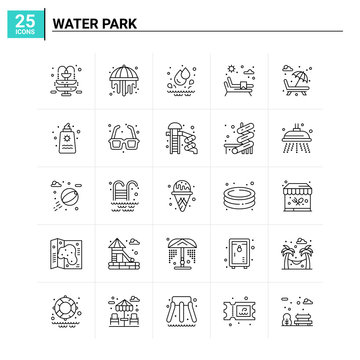 25 Water Park Icon Set. Vector Background