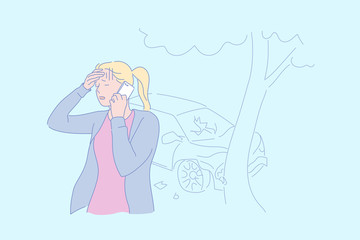 Traffic accident, car crash, bump into tree, stressful situation concept