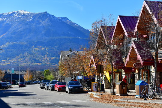 Jasper,Canada Oct 4,2017 : Sunny day on streets of Jasper town ,Canadian Rocky Mountains is a popular tourist destination.