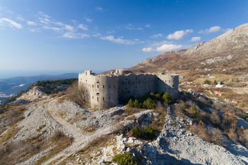 aerial view of Kosmac Fortress located on the Budva-Cetinje road, Montenegro.