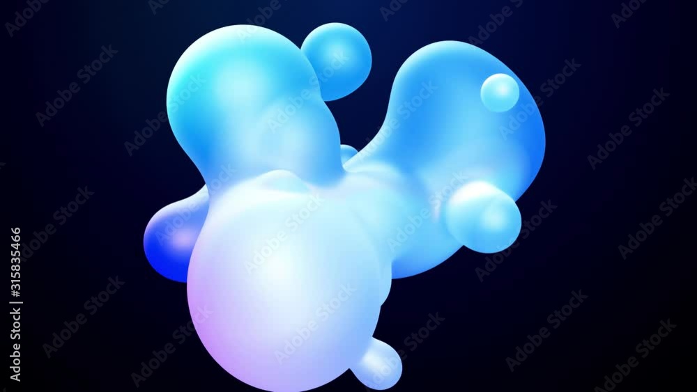 Poster 3d abstract background, droplets of molten wax with internal blue glow merge and fly apart in liquid