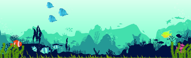 Fototapeta na wymiar Silhouette of fish and algae on a reef background. Underwater scene of the ocean. Deep blue water, coral reef and underwater plants. beautiful underwater scene; vector landscape with a reef. 