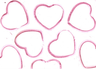 Heart shaped prints in crimson, wine colour. Good for Valentine's Day decoration. Hand drawn imprints.