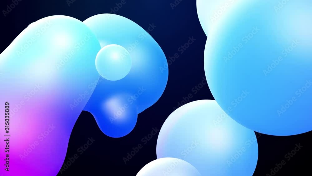 Poster 3d abstract background, droplets of molten wax with internal blue glow merge and fly apart in liquid
