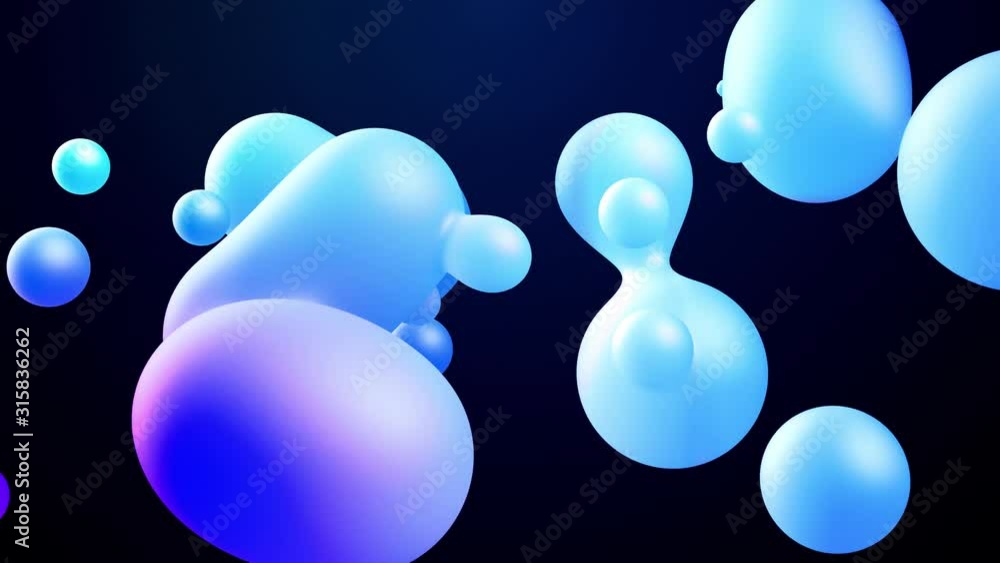 Poster 3d abstract background, droplets of molten wax with internal blue glow merge and fly apart in liquid