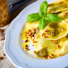 Vegetariano italiano! Tortelli with roasted pine nuts and pesto basilico