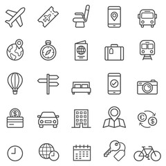 Travel booking line icons. Vector illustrations.