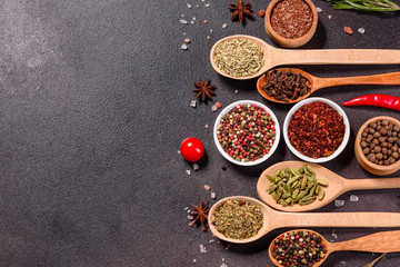 A set of spices and herbs. Indian cuisine. Pepper, salt, paprika, basil and other on a dark background