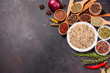 A set of spices and herbs. Indian cuisine. Pepper, salt, paprika, basil and other on a dark background