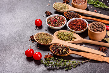 A set of spices and herbs. Indian cuisine. Pepper, salt, paprika, basil and other on a dark background