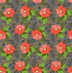 Fotobehang Vector seamless floral pattern. Stylized daisy flowers, violets, berries, leaves. Loom by hand. Ideal for paper, gift and textile products. © MaxAndCat