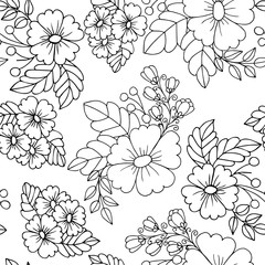 Vector seamless floral pattern. Stylized daisy flowers, violets, berries, leaves. Loom by hand. Ideal for paper, gift and textile products.