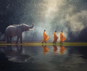 Papier Peint photo Éléphant Les moines bouddhistes de Thaïlande marchent pour recueillir l& 39 aumône avec l& 39 éléphant est une religion traditionnelle du bouddhisme sur la foi des Thaïlandais
