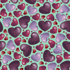 seamless pattern with bright hearts on mint background