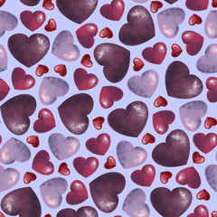 seamless pattern with bright hearts on lilac background