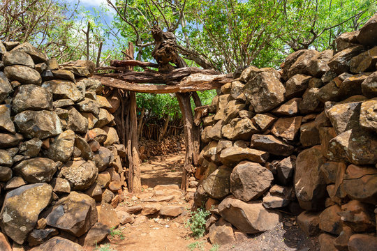 Fantastic walled village tribes Konso. African village. Africa, Ethiopia. Konso villages are listed as UNESCO World Heritage sites.