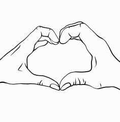 Outline illustration of two hands with a heart shape. Pair of man and woman. Love couple. Greeting card for Valentines Day. Vector contour greeting card for invitation, banner and your creativity