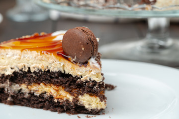 Chocolate cake with whipped cream icing on plate