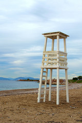 White wooden lifeguard tower on the municipal beach in Glyfada. Winter landscape. Glyfada is a suburb in South Athens located in the Athens Riviera