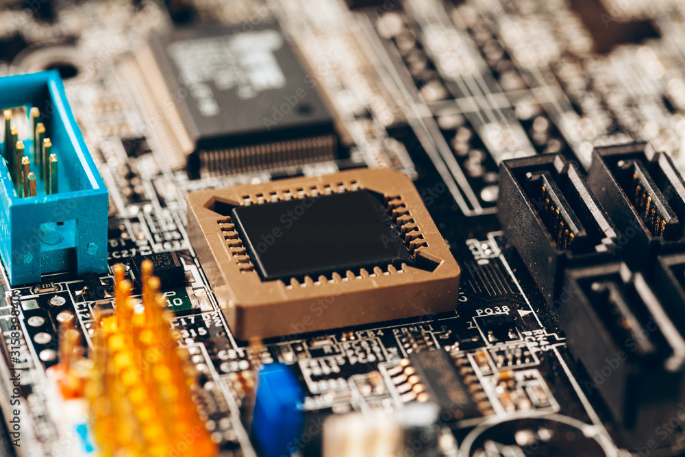 Poster computer electronic circuit board with processor close up